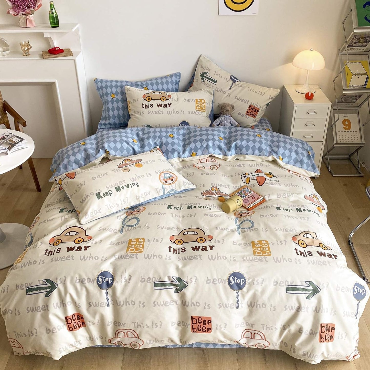 Juego de funda de duvet estampado de coches en blanco crema 100% algodón - Dulces Bed & Home