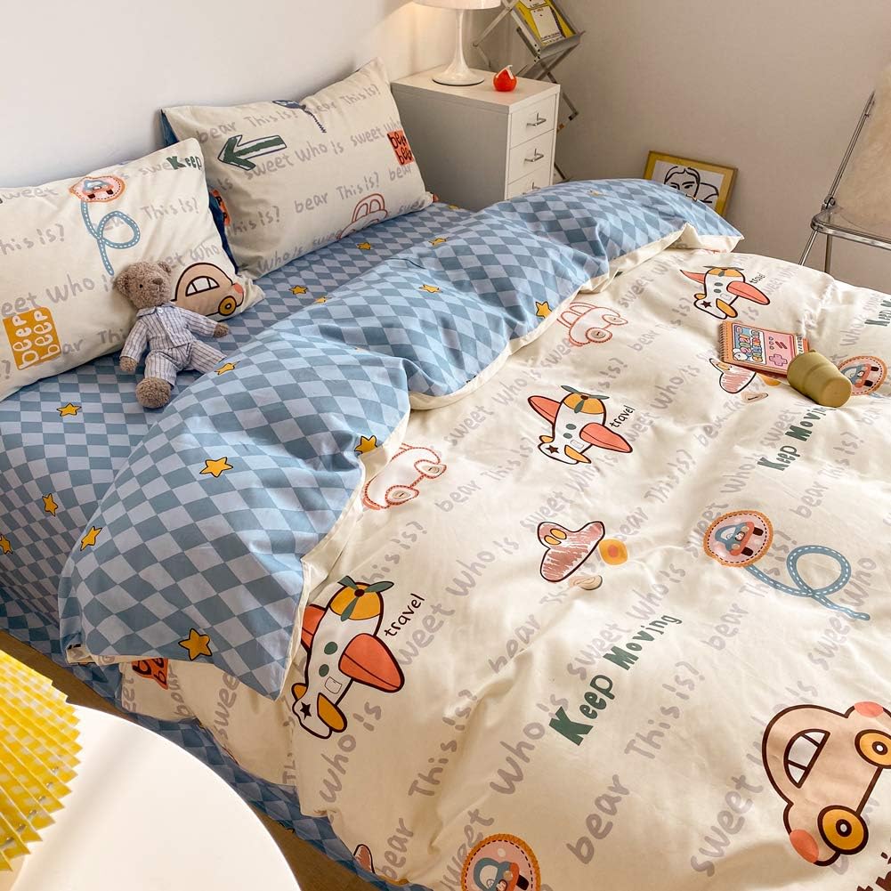 Juego de funda de duvet estampado de coches en blanco crema 100% algodón - Dulces Bed & Home
