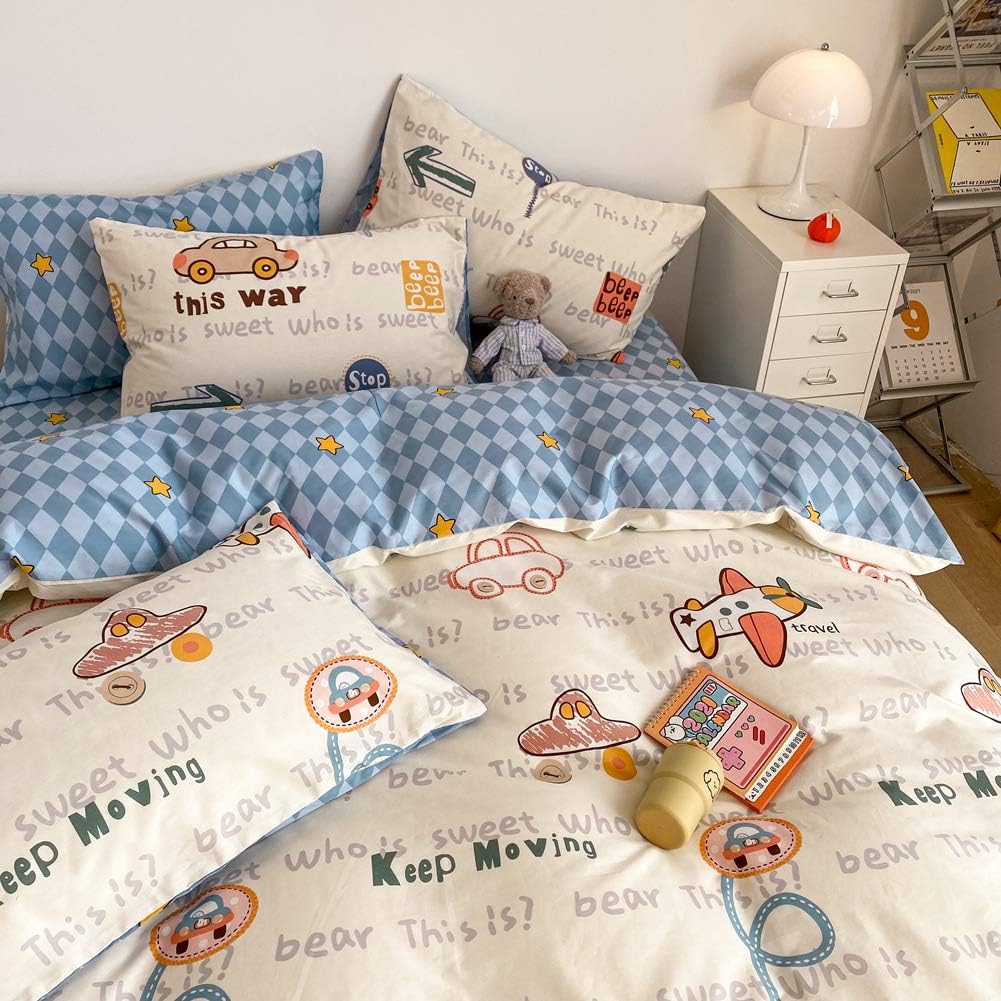 Juego de funda de duvet estampado de coches en blanco crema 100% algodón - Dulces Bed & Home