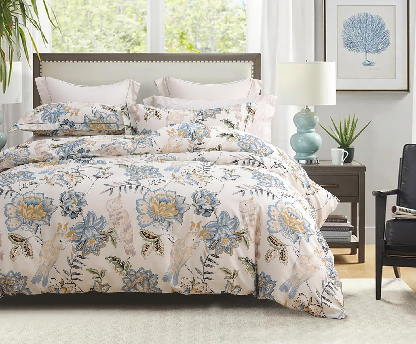 Funda de duvet 600 hilos de algodón azul hojas con floral botánico y pájaros - Dulces Bed & Home