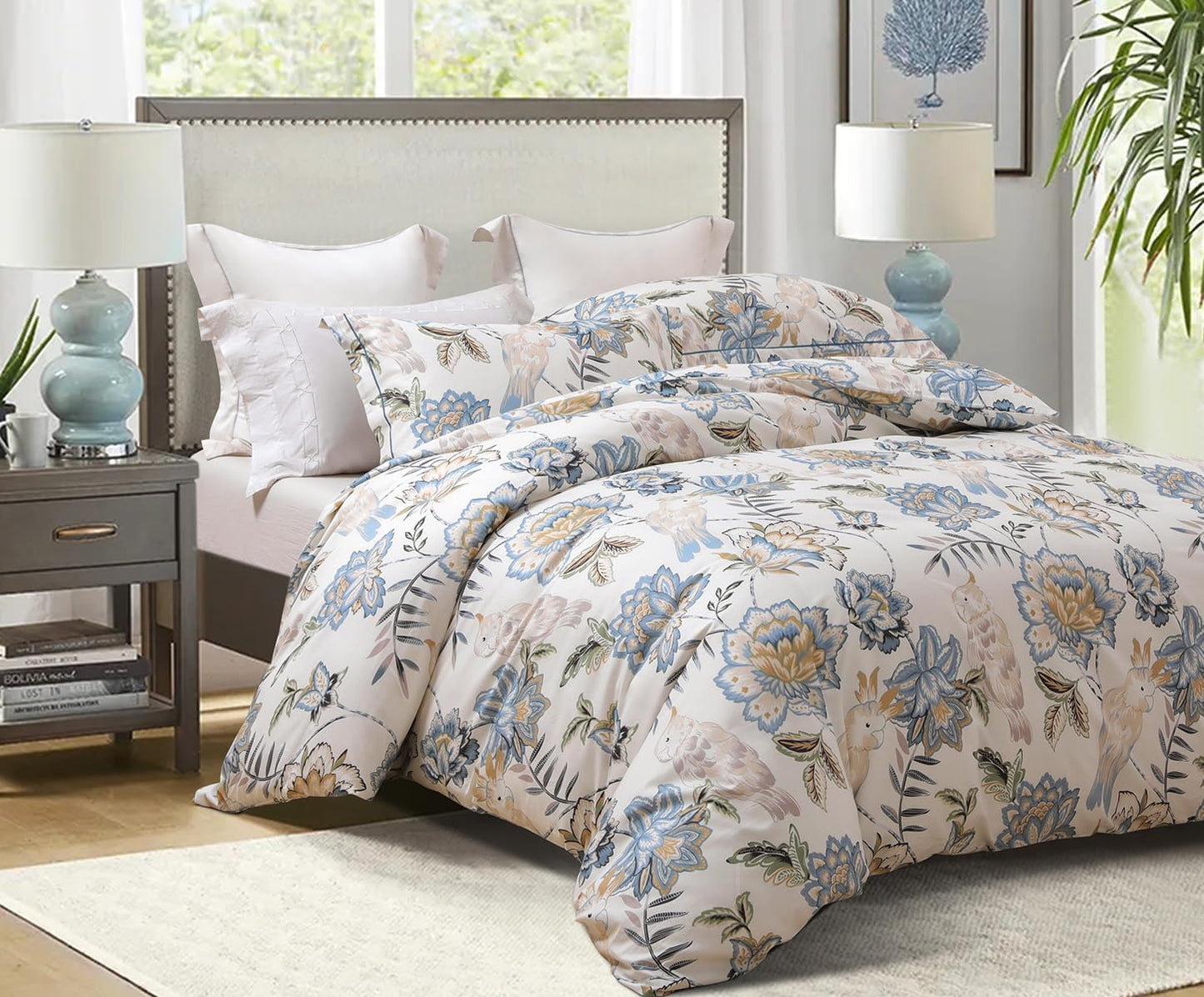 Funda de duvet 600 hilos de algodón azul hojas con floral botánico y pájaros - Dulces Bed & Home