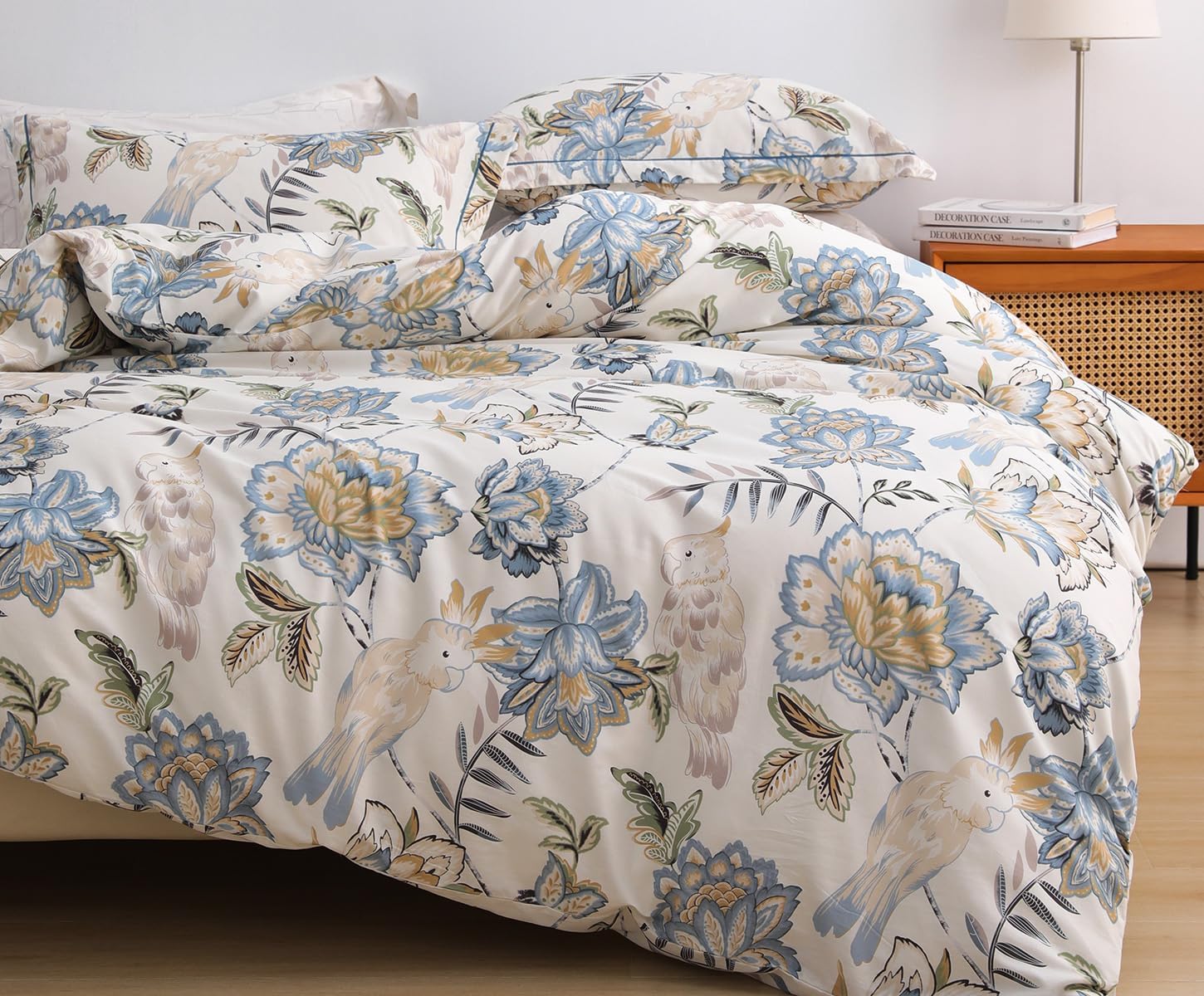 Funda de duvet 600 hilos de algodón azul hojas con floral botánico y pájaros - Dulces Bed & Home