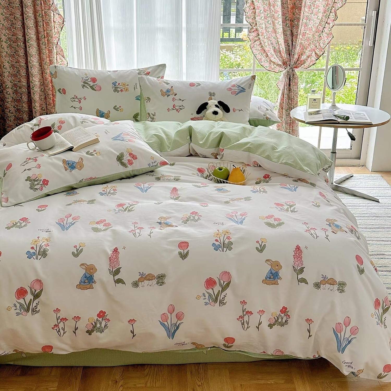 Funda de duvet con diseño de conejo plaid hojas verdes 100% algodón. - Dulces Bed & Home