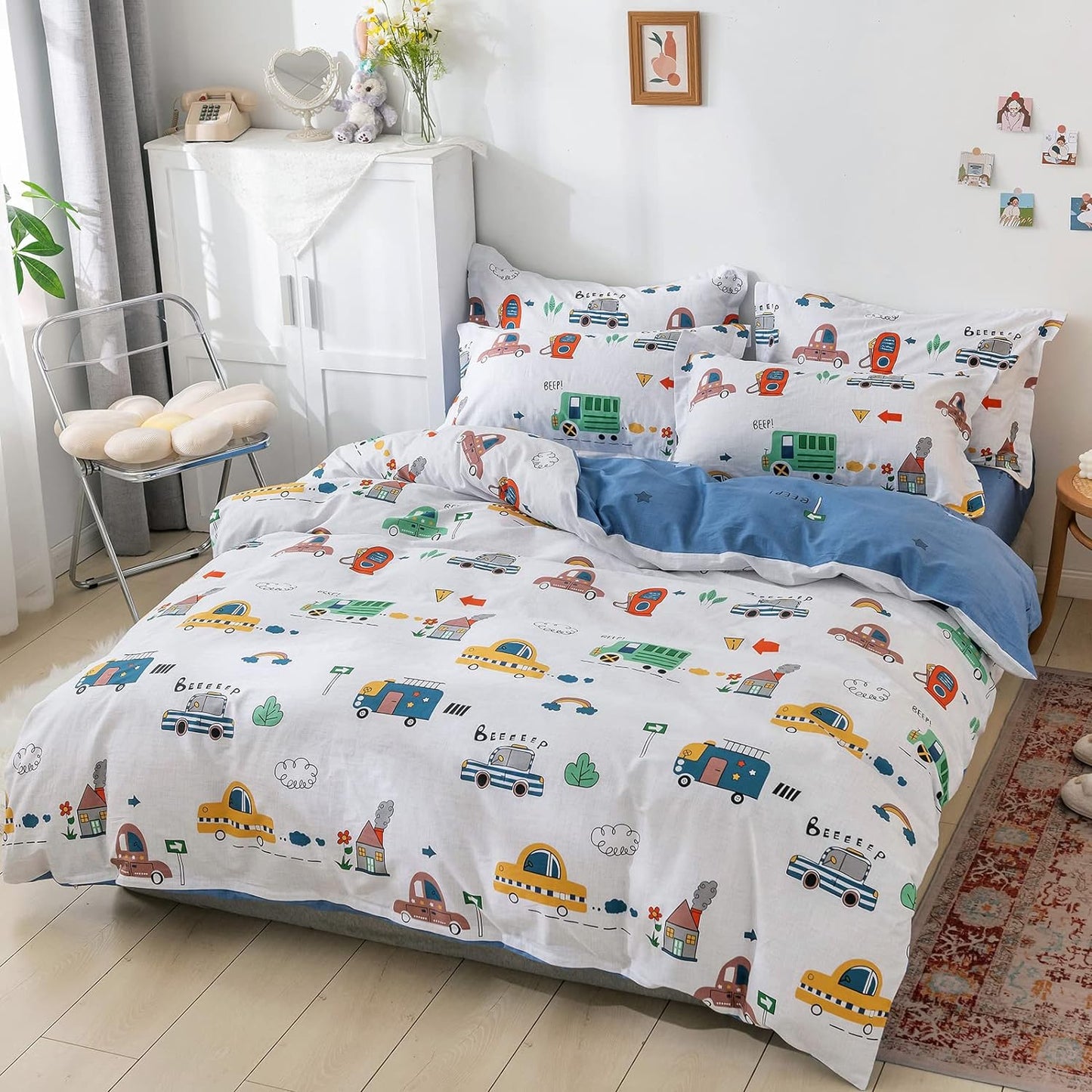 Juego de funda de duvet carritos reversible azul 100% algodón - Dulces Bed & Home