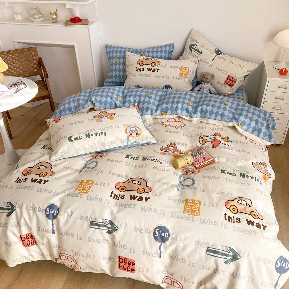 Juego de funda de duvet estampado de coches en blanco crema  100% algodón - Dulces Bed & Home