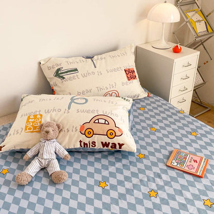 Juego de funda de duvet estampado de coches en blanco crema  100% algodón - Dulces Bed & Home