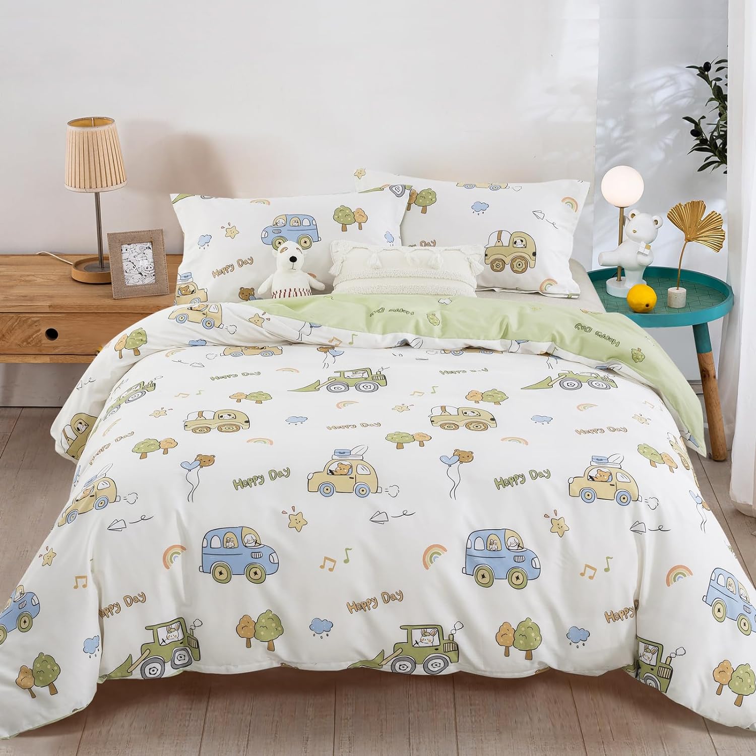 Juego de funda de duvet de carritos reversible verde 100% algodón - Dulces Bed & Home