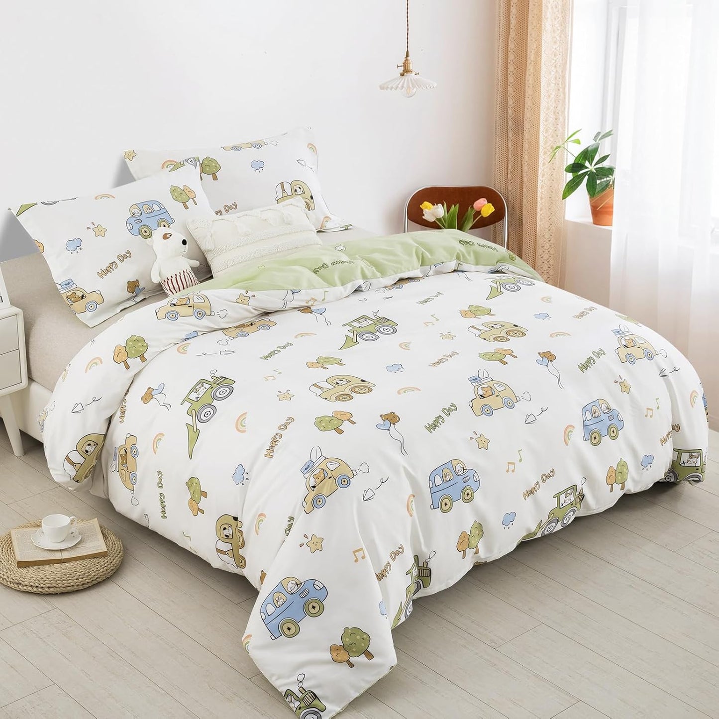 Juego de funda de duvet de carritos reversible verde 100% algodón - Dulces Bed & Home