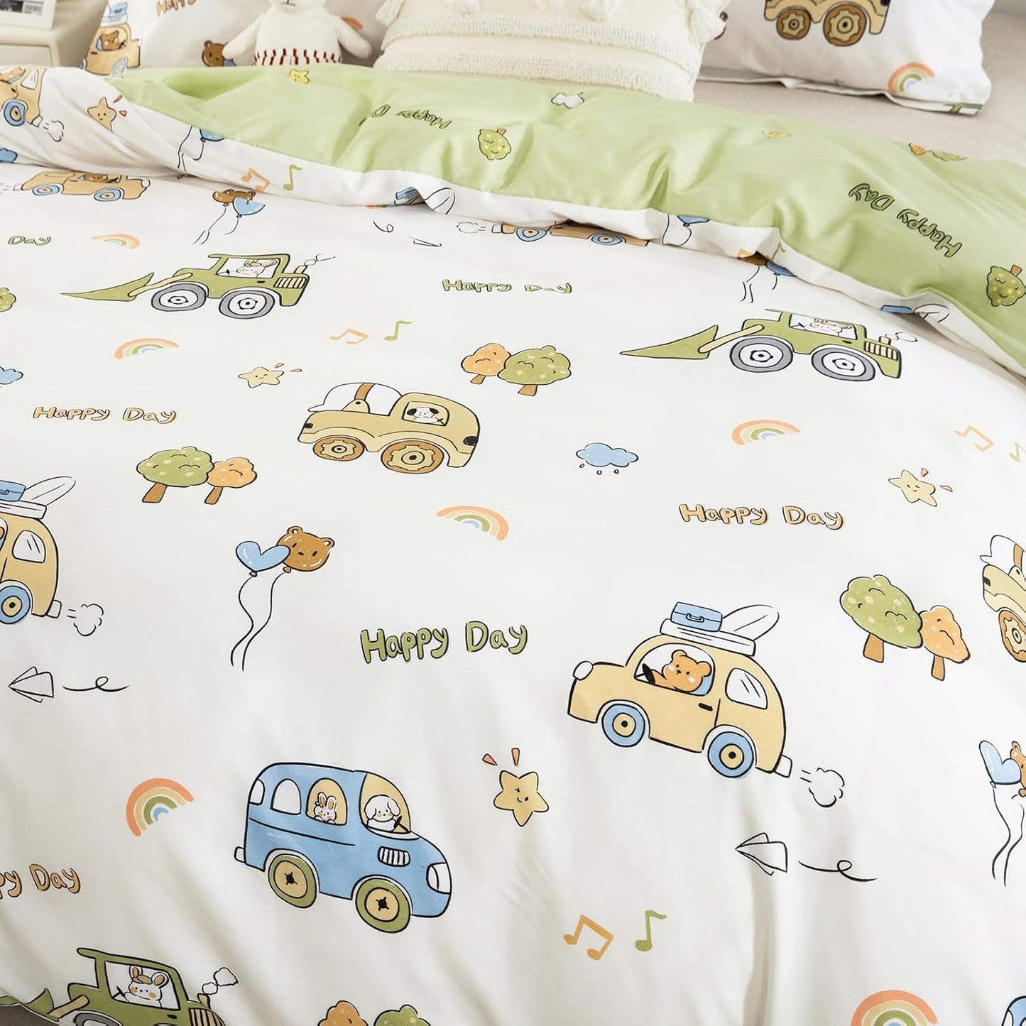 Juego de funda de duvet de carritos reversible verde 100% algodón - Dulces Bed & Home