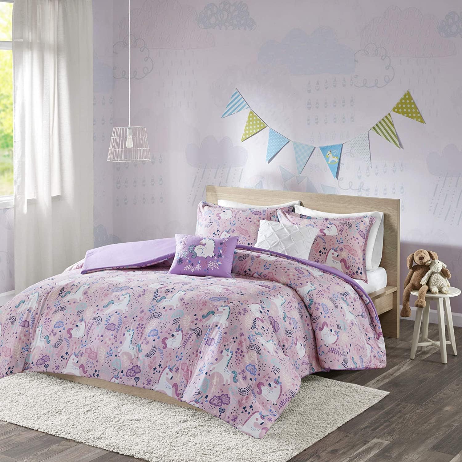 Juego de funda de duvet con estampado de unicornios en fondo rosa 100% algodón - Dulces Bed & Home