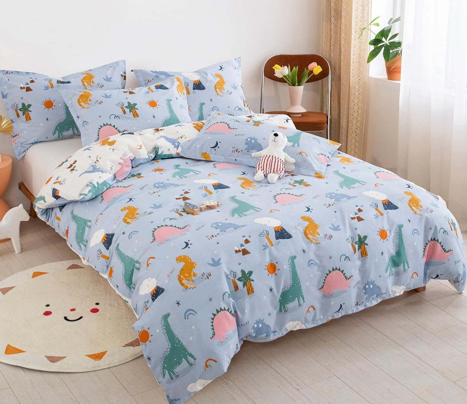 Funda de duvet dino reversible azul y blanco 100% algodón - Dulces Bed & Home