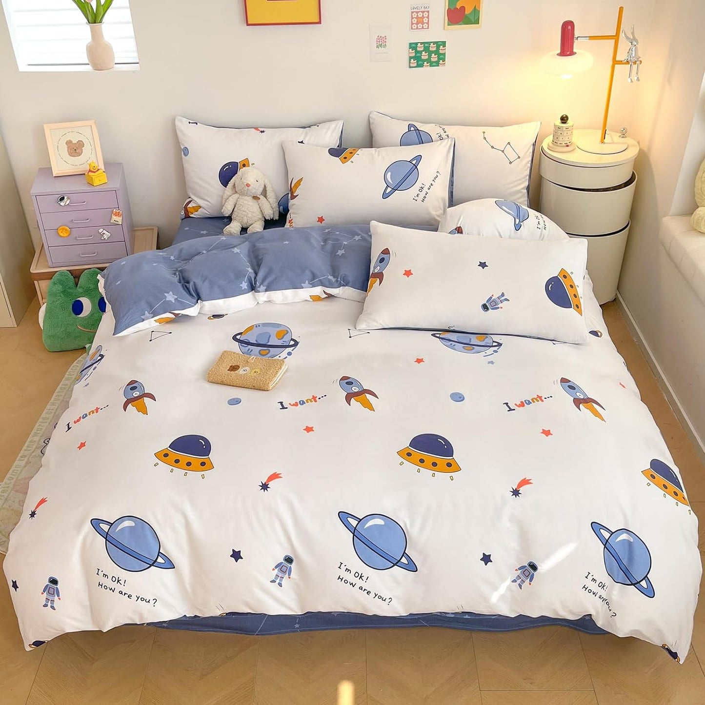 Juego de funda de duvet, estampado de cohetes y galaxia 100% algodón - Dulces Bed & Home