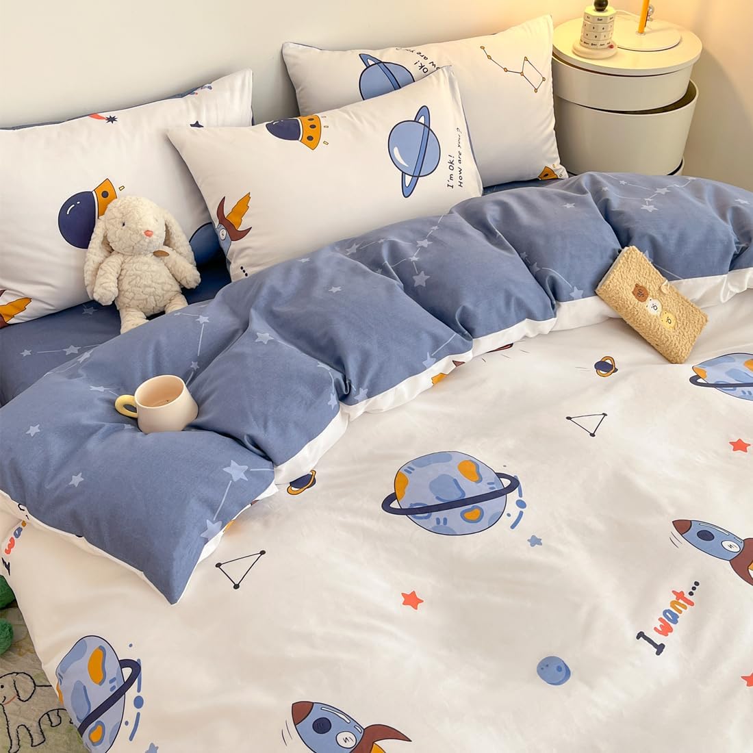 Juego de funda de duvet, estampado de cohetes y galaxia 100% algodón - Dulces Bed & Home