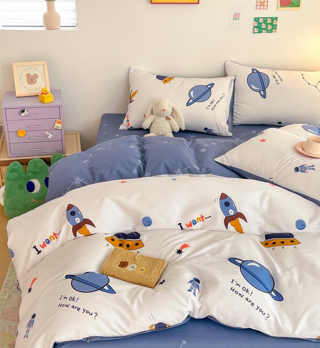 Juego de funda de duvet, estampado de cohetes y galaxia 100% algodón - Dulces Bed & Home