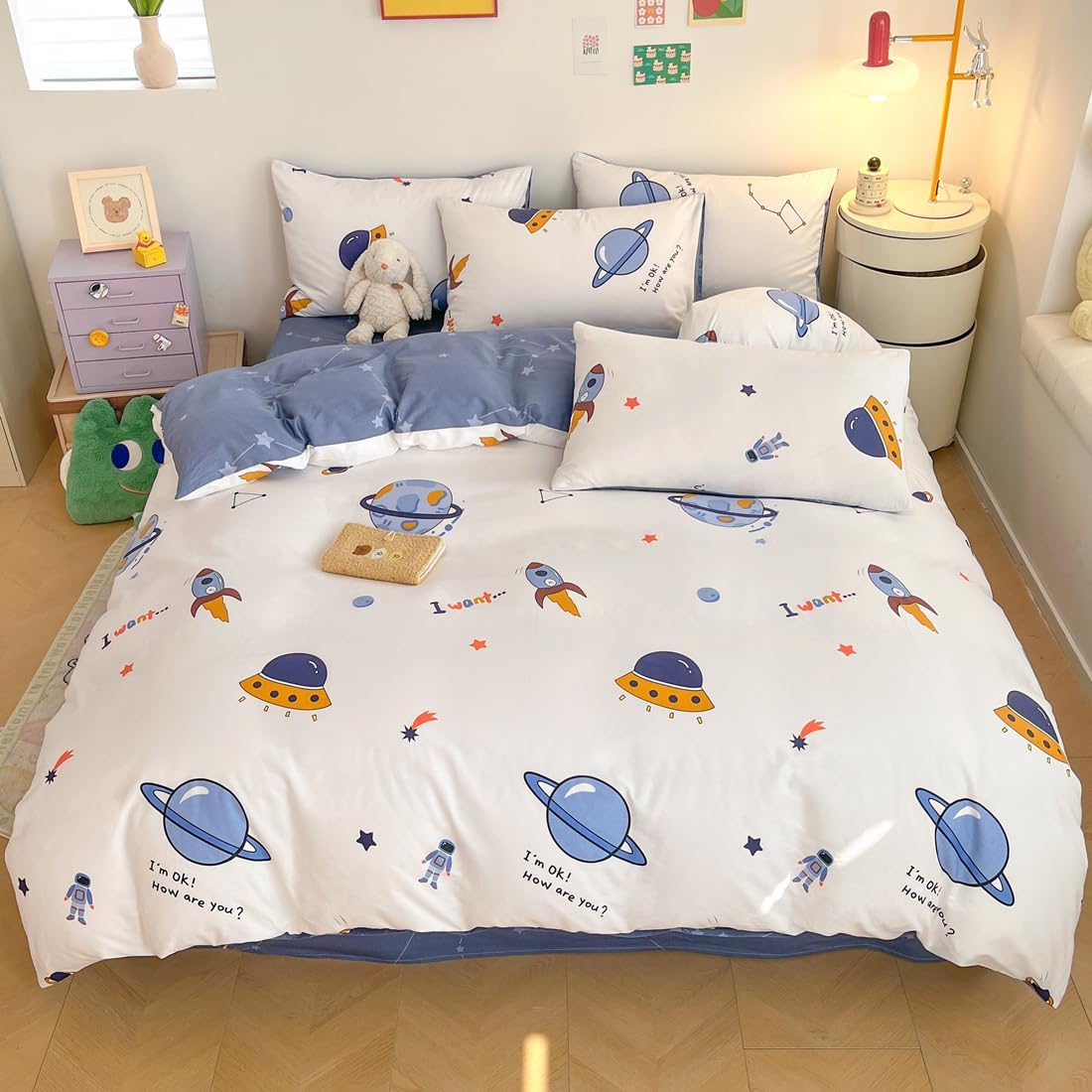 Juego de funda de duvet, estampado de cohetes y galaxia 100% algodón - Dulces Bed & Home