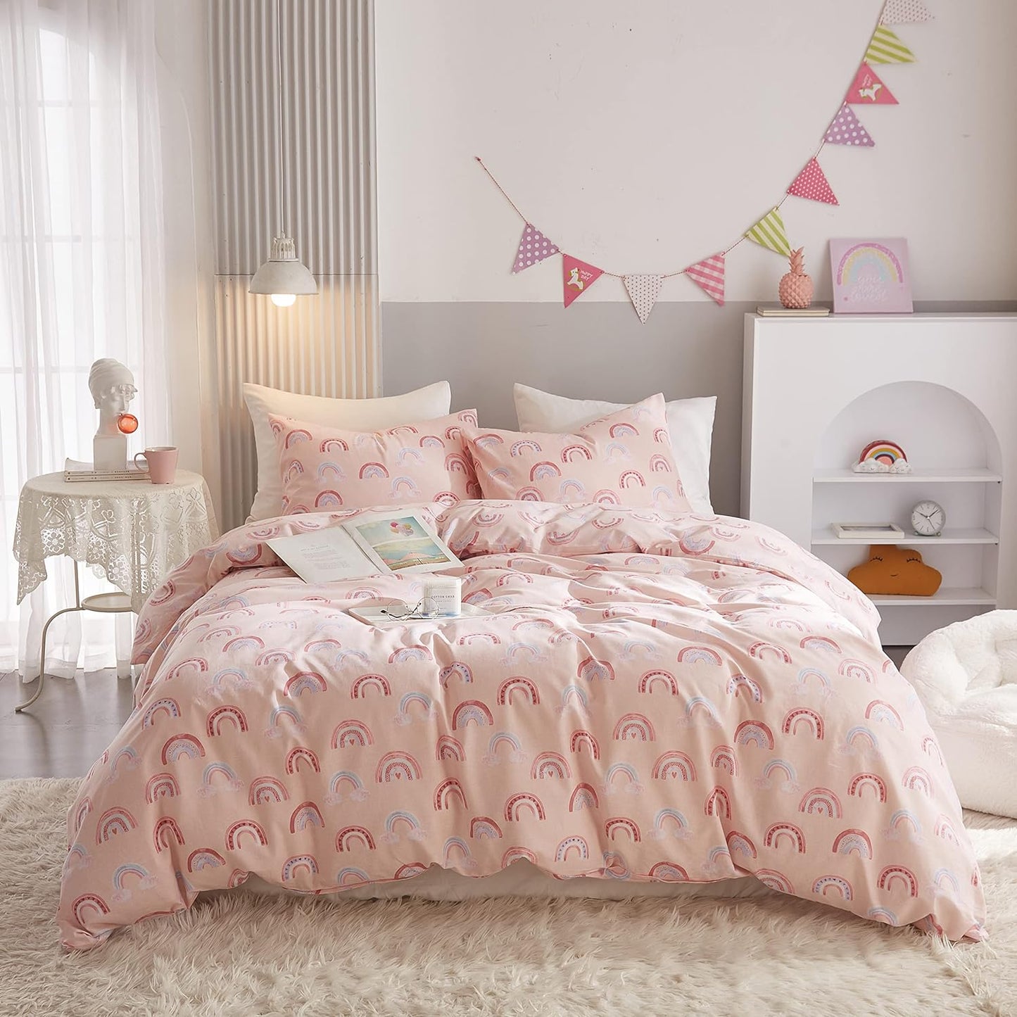 Juego de funda de duvet con estampado de arcoiris rosa 100% algodón - Dulces Bed & Home