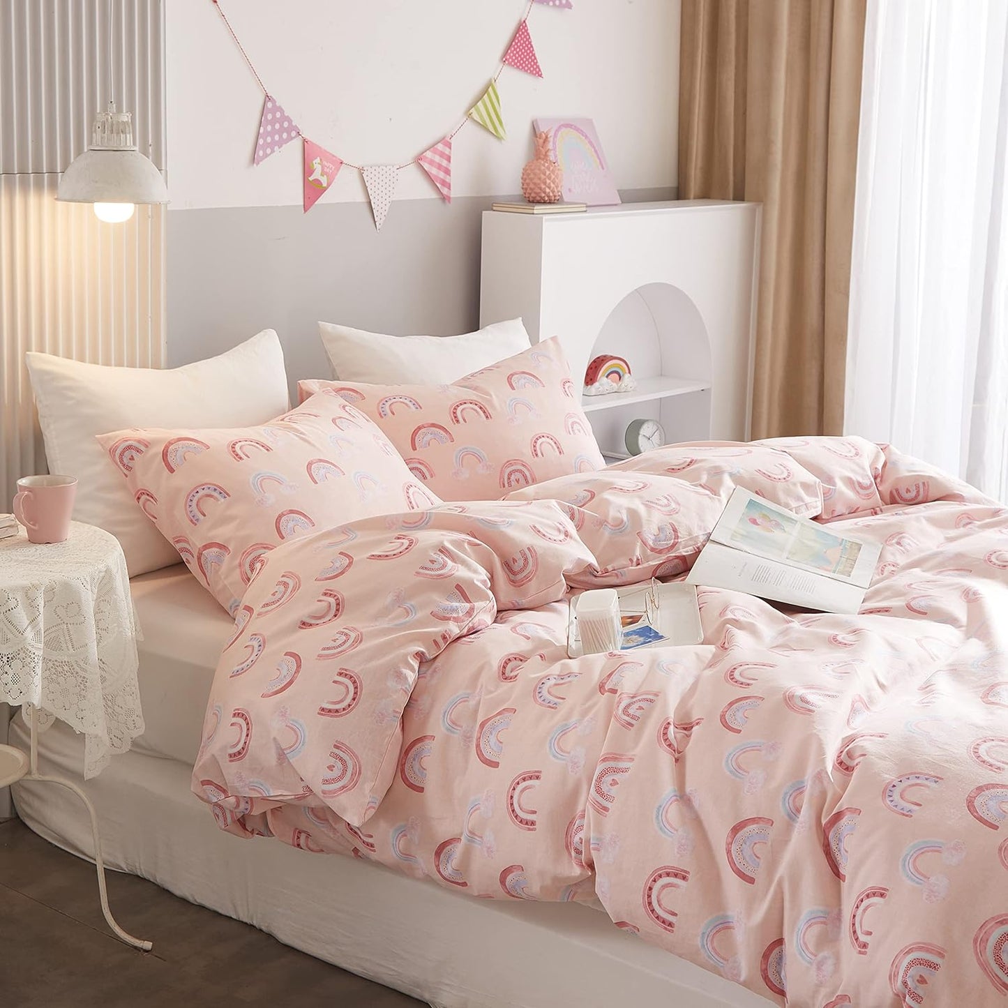 Juego de funda de duvet con estampado de arcoiris rosa 100% algodón - Dulces Bed & Home