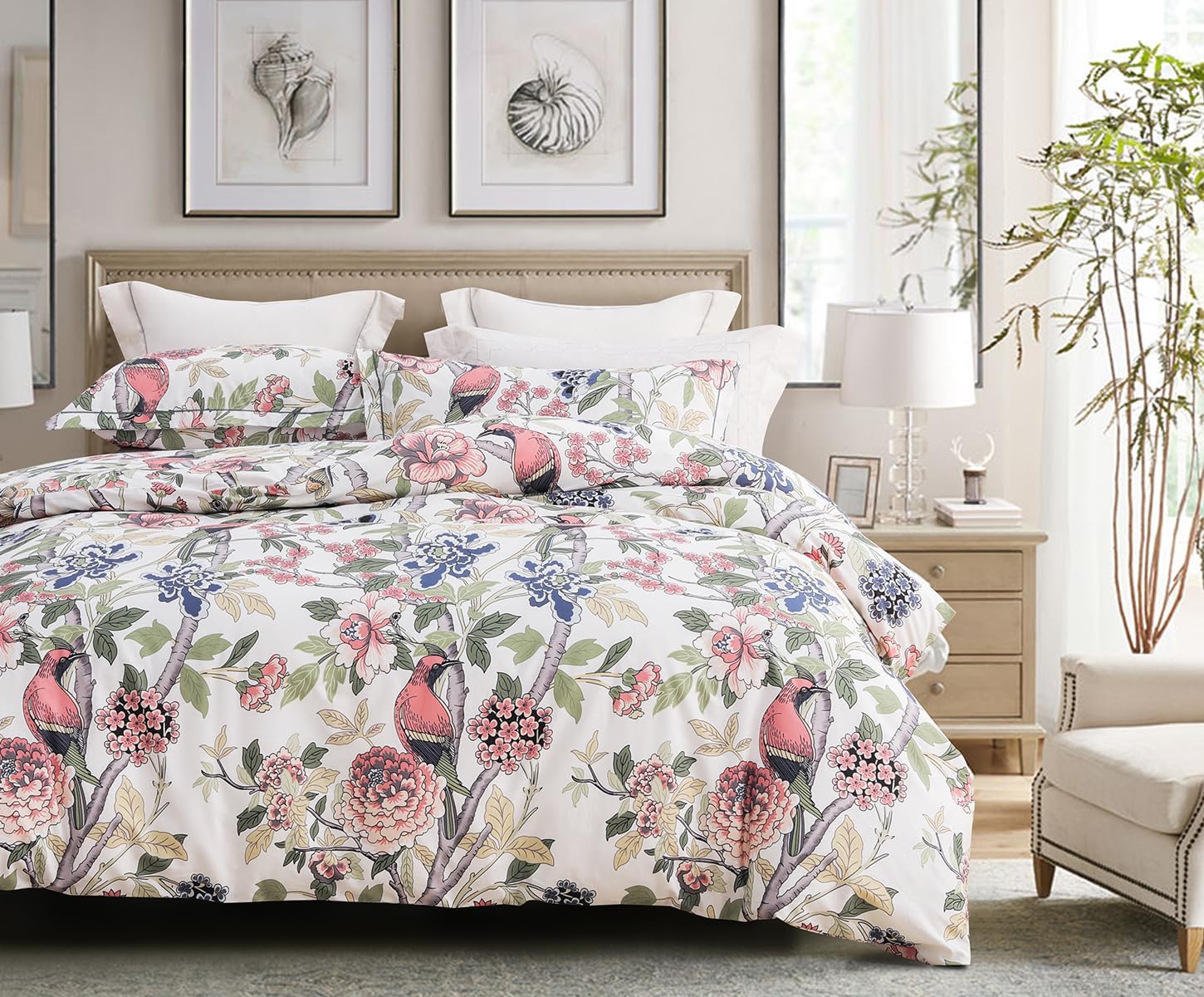 Funda de duvet 600 hilos de algodón blanco y rosa hojas con floral botánico y pájaros - Dulces Bed & Home