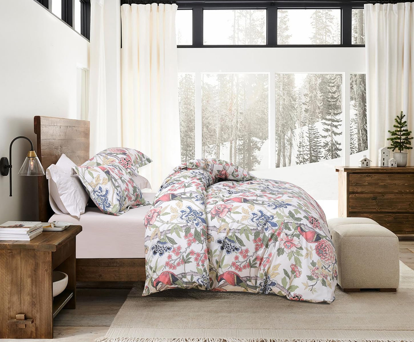 Funda de duvet 600 hilos de algodón blanco y rosa hojas con floral botánico y pájaros - Dulces Bed & Home