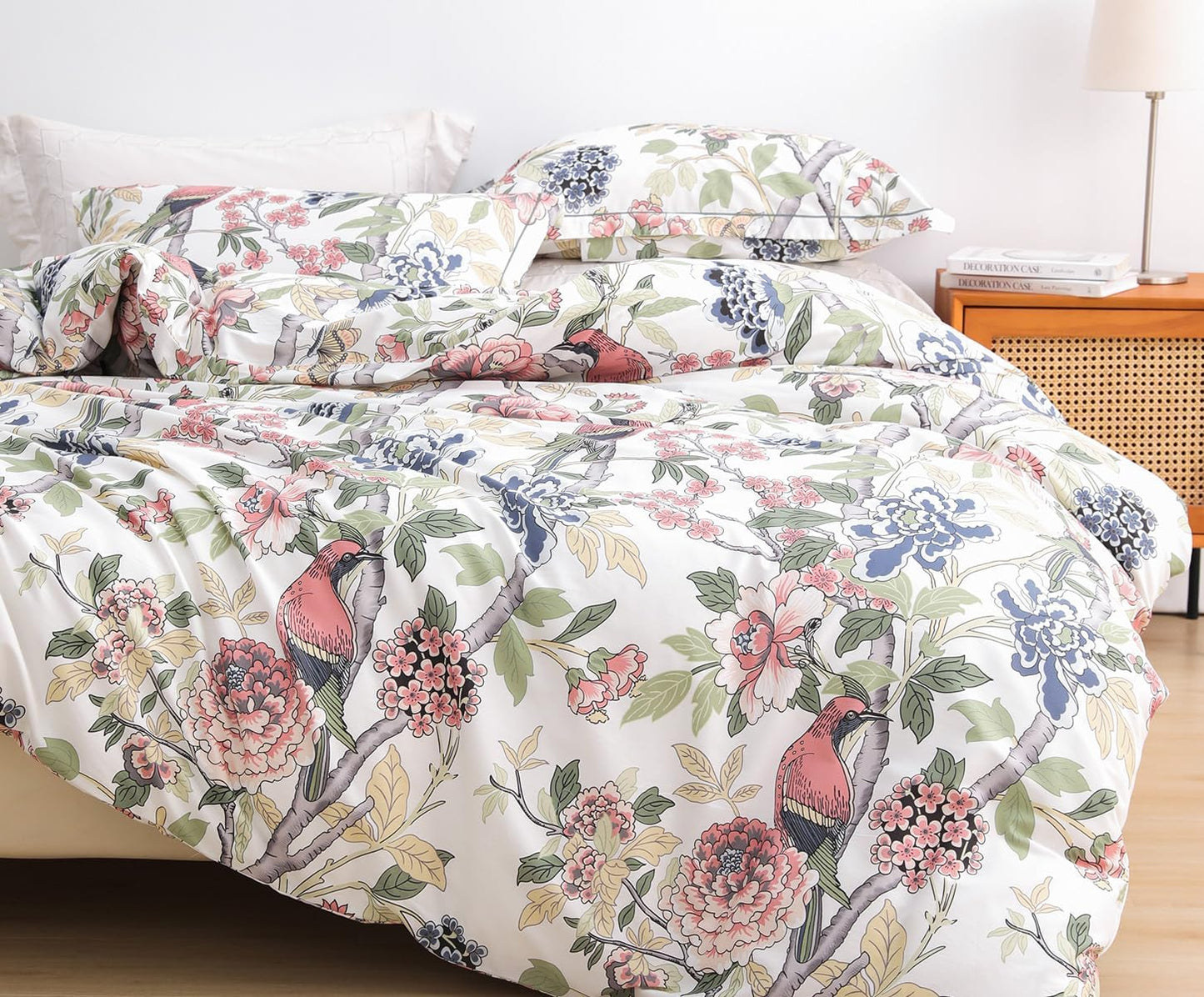 Funda de duvet 600 hilos de algodón blanco y rosa hojas con floral botánico y pájaros - Dulces Bed & Home