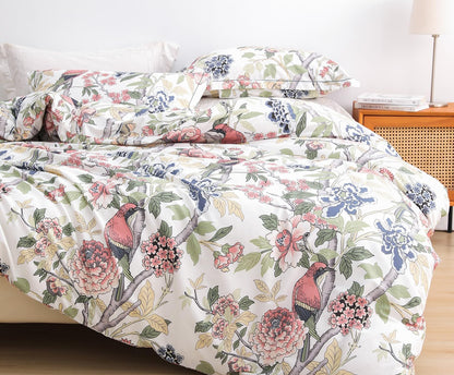 Funda de duvet 600 hilos de algodón blanco y rosa hojas con floral botánico y pájaros - Dulces Bed & Home