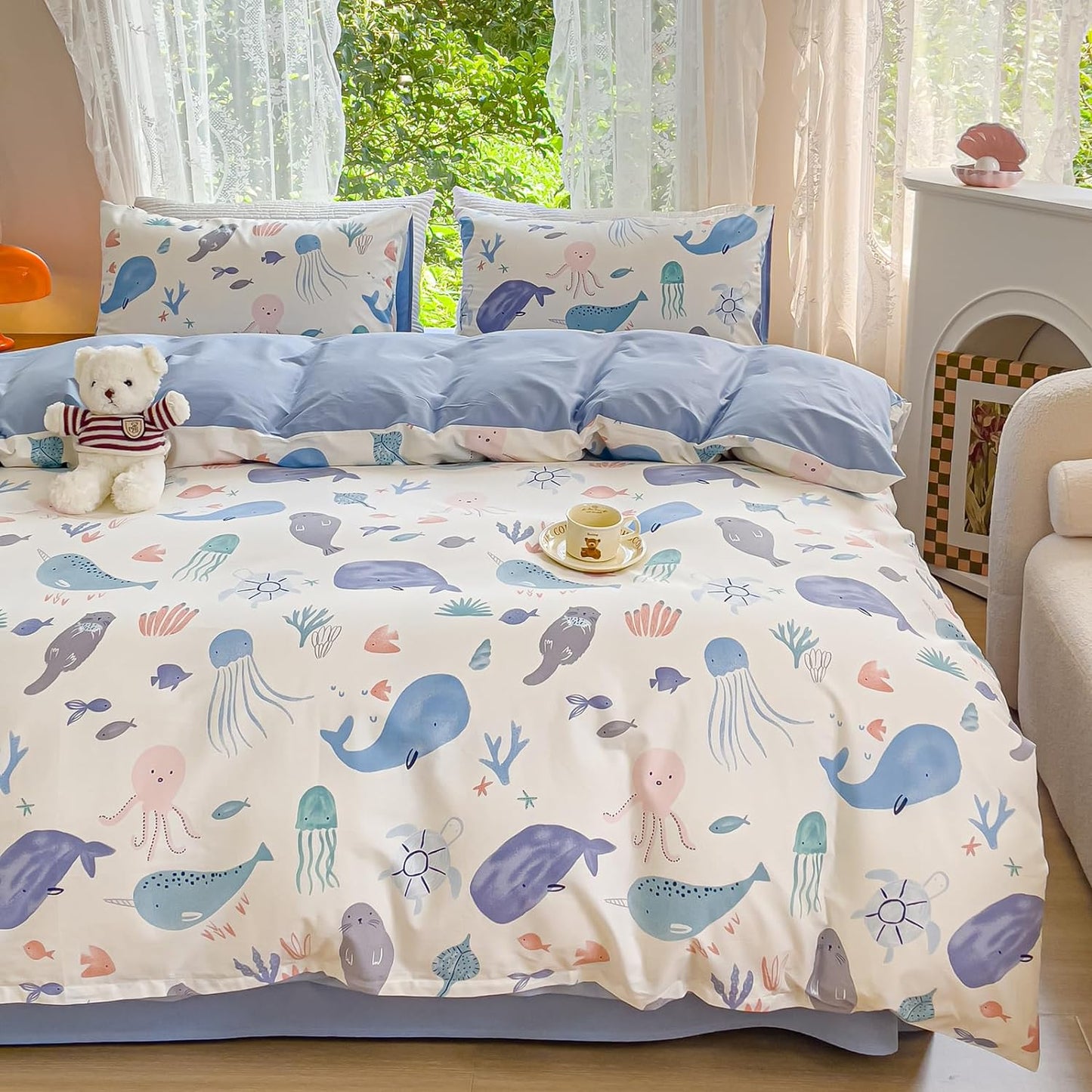 Dibujo de Ballenas, juego de funda de duvet 100% algodón - Dulces Bed & Home