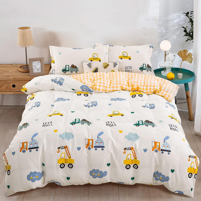 Juego de funda de duvet con estampado de camiones reversible con cuadros amarillos 100% algodón - Dulces Bed & Home