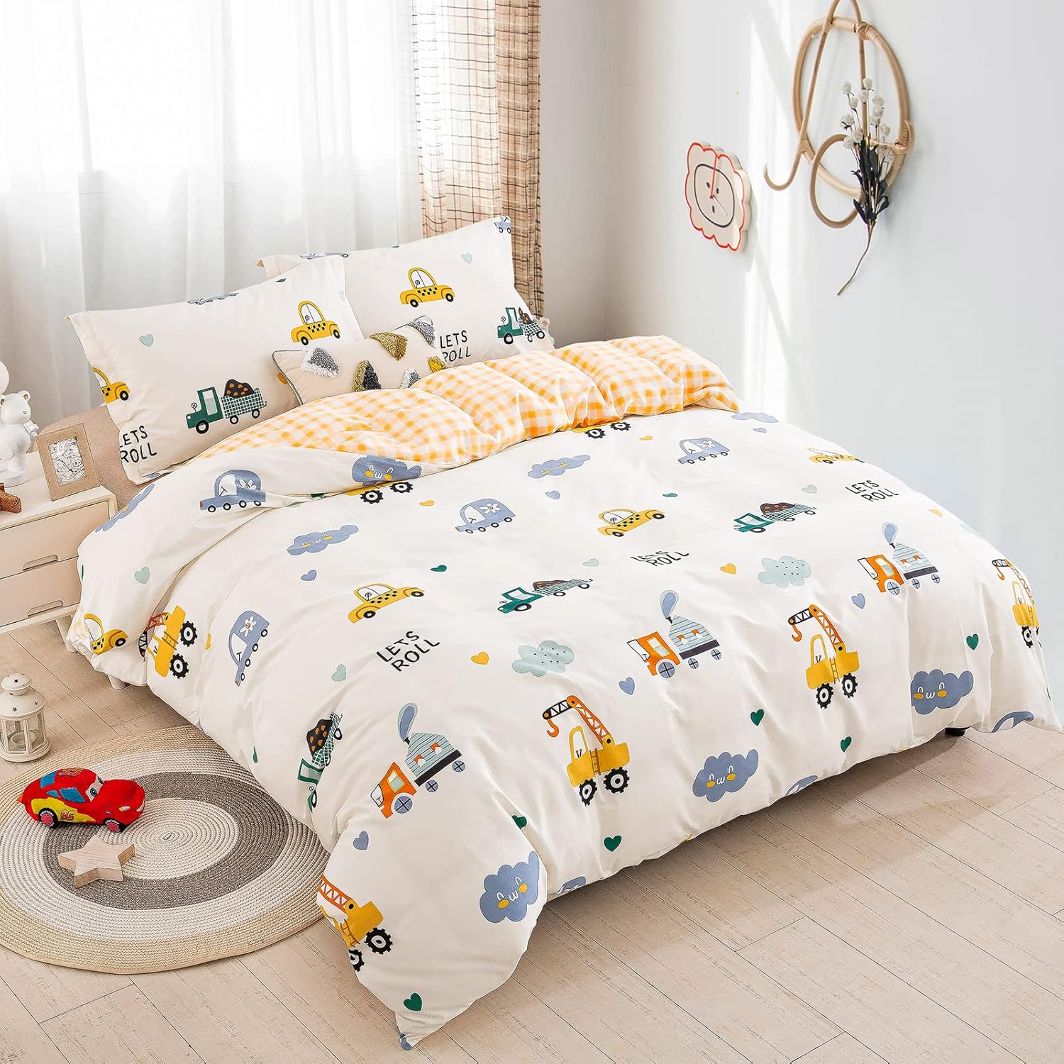 Juego de funda de duvet con estampado de camiones reversible con cuadros amarillos 100% algodón - Dulces Bed & Home