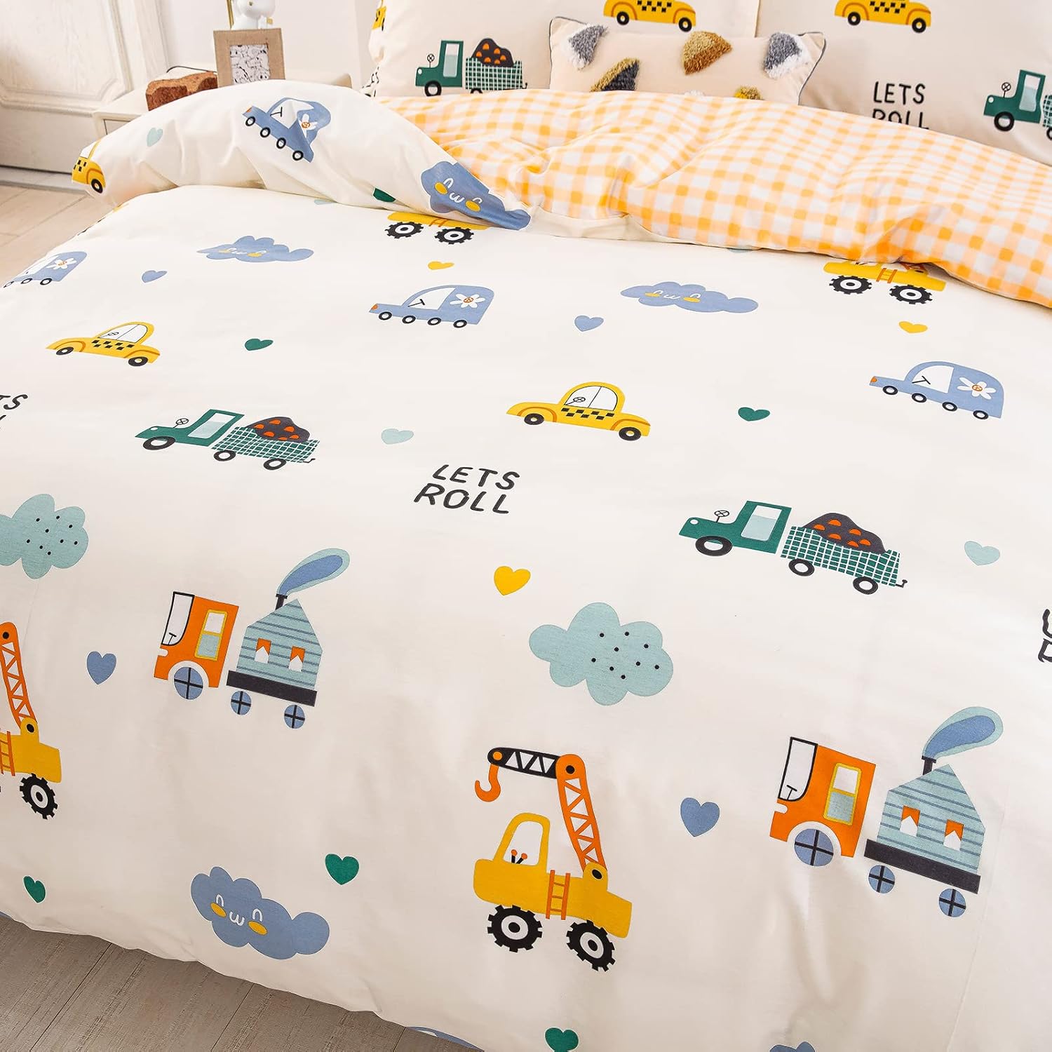 Juego de funda de duvet con estampado de camiones reversible con cuadros amarillos 100% algodón - Dulces Bed & Home