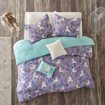 Juego de funda de duvet con estampado de unicornios en fondo morado 100% algodón - Dulces Bed & Home