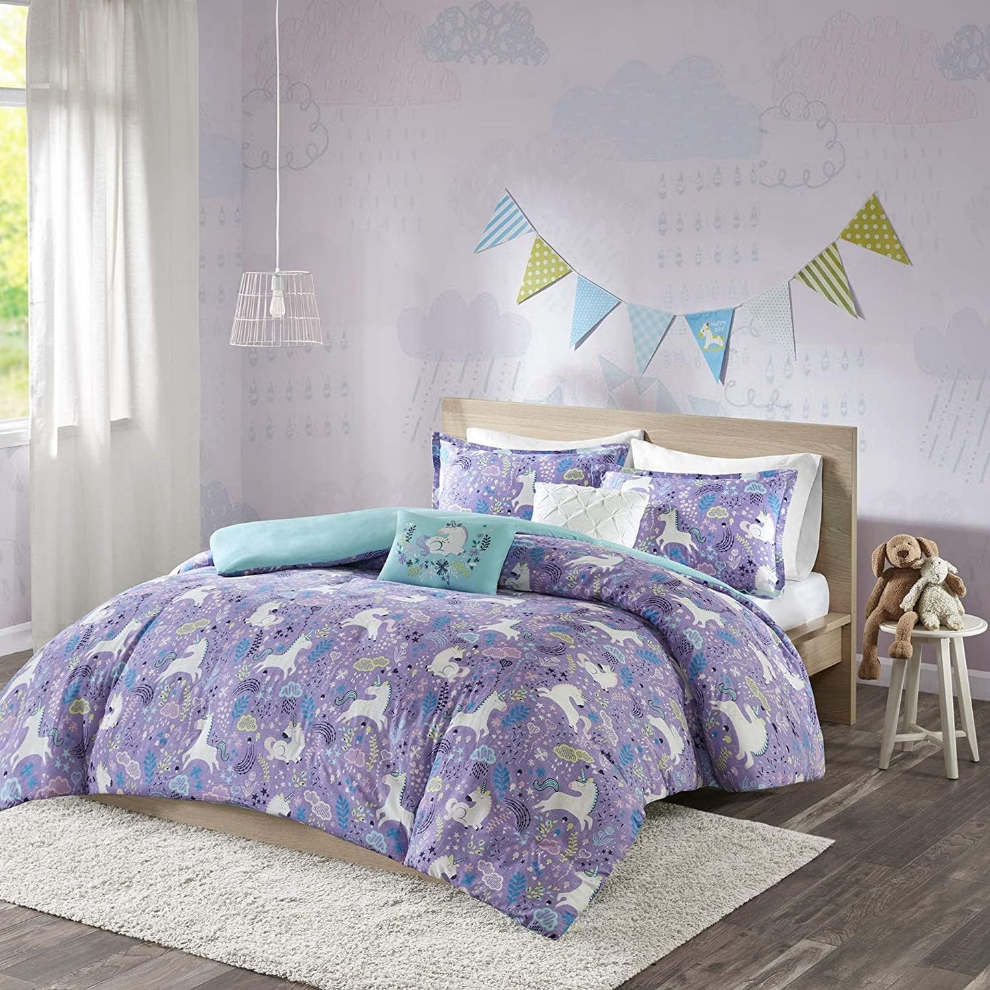 Juego de funda de duvet con estampado de unicornios en fondo morado 100% algodón - Dulces Bed & Home