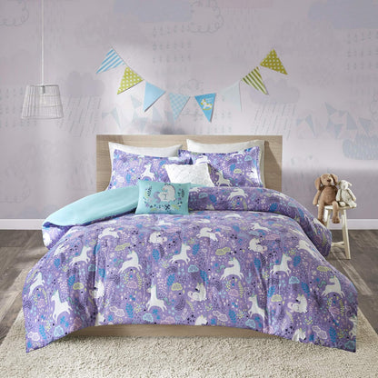 Juego de funda de duvet con estampado de unicornios en fondo morado 100% algodón - Dulces Bed & Home