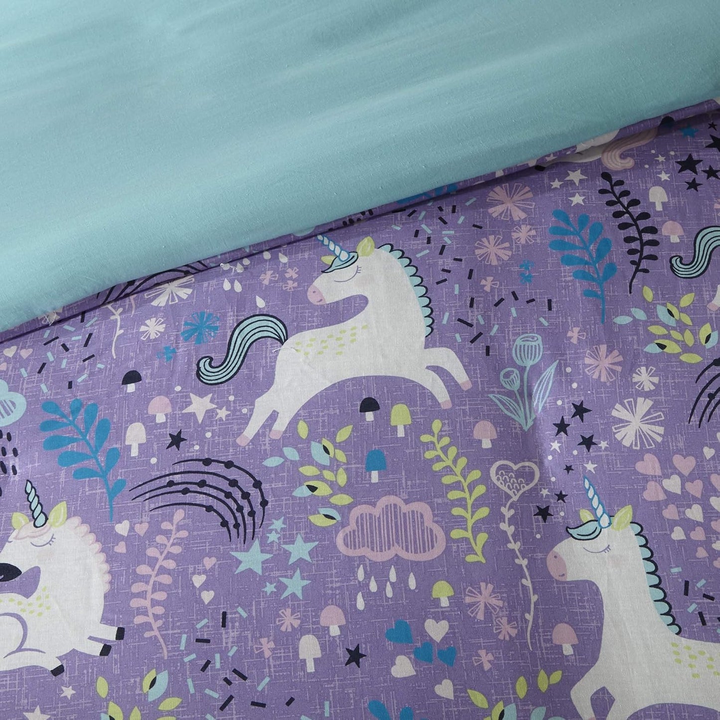 Juego de funda de duvet con estampado de unicornios en fondo morado 100% algodón - Dulces Bed & Home